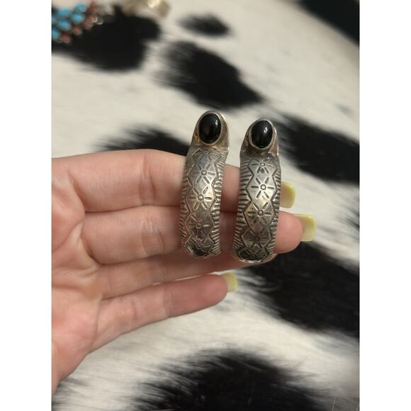 Large 2” Vintage Sun Stamped Sterling Silver Black Onyx Stud Hoop Earrings